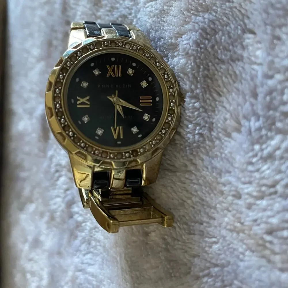 Anne Klein 10/9456 Two-Tone Gold & Black Ceramic Watch with Swarovski Crystals